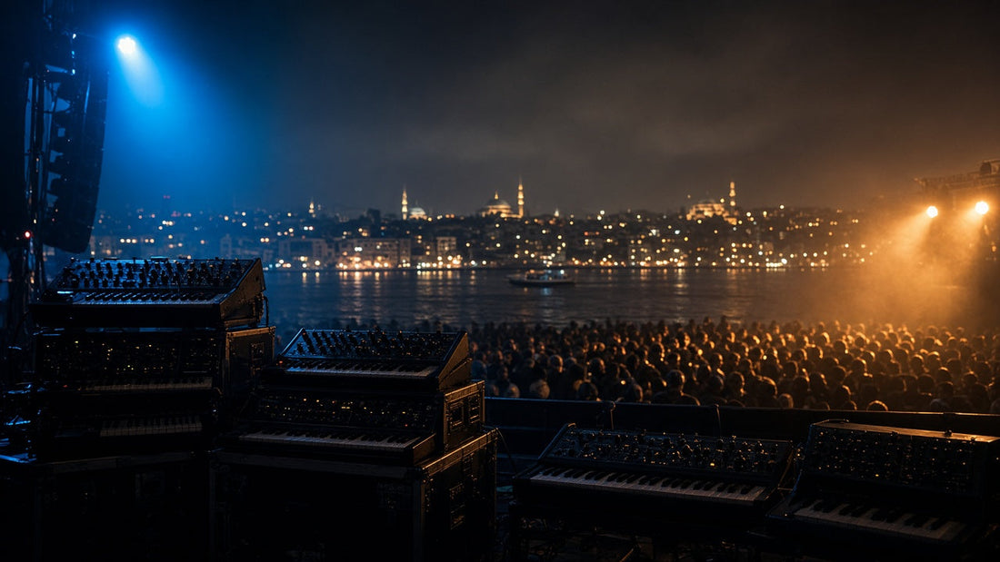 İstanbul sahnesinde elektronik müzik ekipmanları ve gece konseri