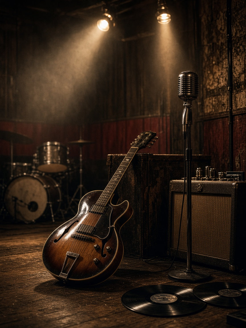 Rock müziğin doğuşunu simgeleyen vintage gitar, mikrofon ve plaklar