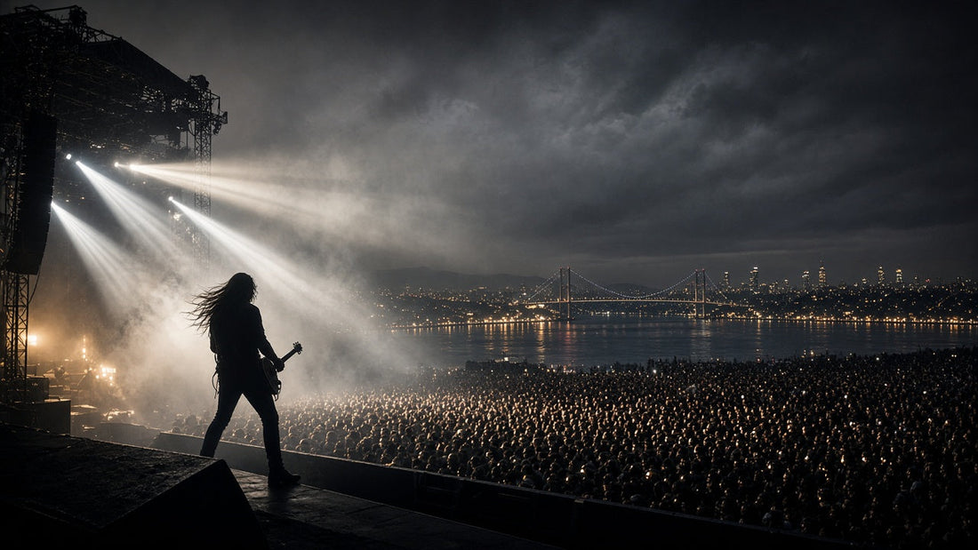 Boğaz manzaralı İstanbul rock konserinde gitarist silüeti