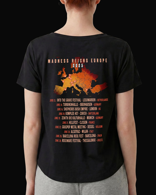 Savatage Madness Reign Europe 2025 Tour Sırt Baskılı Siyah Kadın Tişört V2