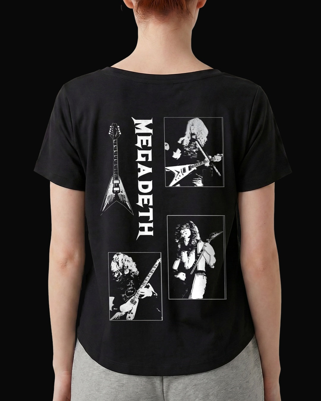 Megadeth Grup Üyeleri Sırt Baskılı Siyah Kadın Tişört V2