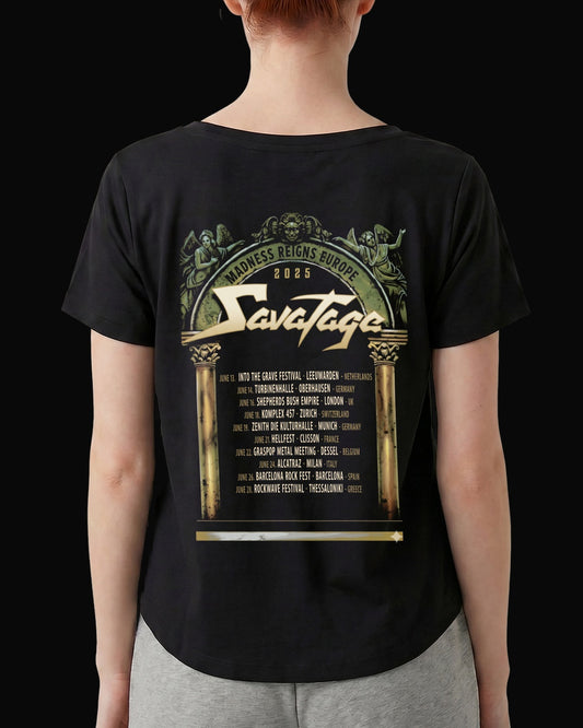 Savatage Madness Reign Europe 2025 Tour Sırt Baskılı Siyah Kadın Tişört